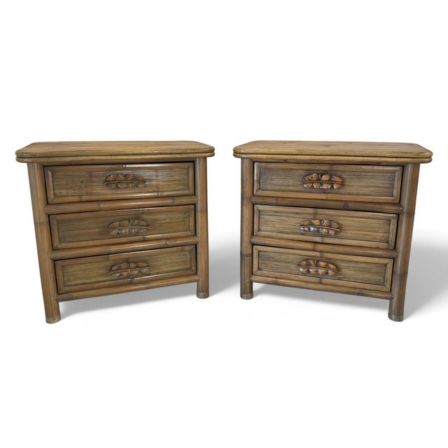 A pair of vintage coastal rattan & bamboo nightstands. Framed in elephant bamboo with split/crushed bamboo top and drawer...