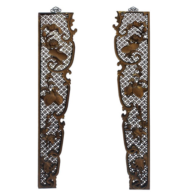 Chinese Golden Relief Lotus Flower Carving Couplet Wood Wall Panels - a Pair For Sale - Image 9 of 9