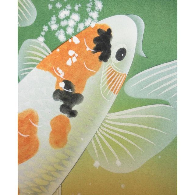 "Dancing Carps" by Akimitsu Sataka, Japanese Silk Scroll Painting in Original Wooden Case For Sale - Image 11 of 18