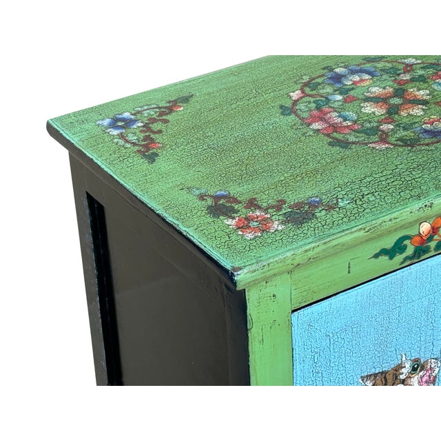 1990s Tibetan Style Lime Green Blue Two Tigers End Table Nightstand For Sale - Image 5 of 10