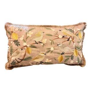 Lillian August Home Embroidered Botanical Bird Lumbar Pillow With Fringe Trim and Down Insert For Sale