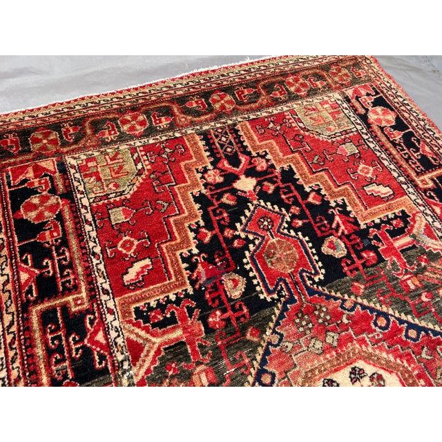 Tribal Antique Caucasian Medallion Rug in Red and Charcoal Hand-Knotted Low Pile Distressed Tribal Carpet For Sale - Image 3 of 13
