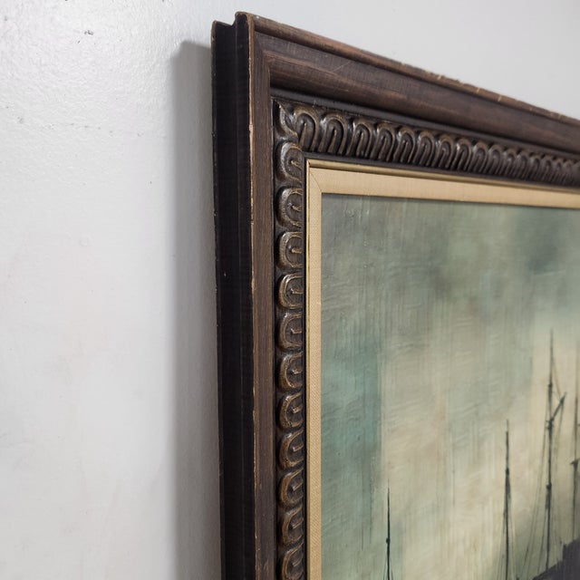Blue Framed Large-Scale 1960s French Modern Harbor Scene Oil Painting (43" × 36") For Sale - Image 8 of 15