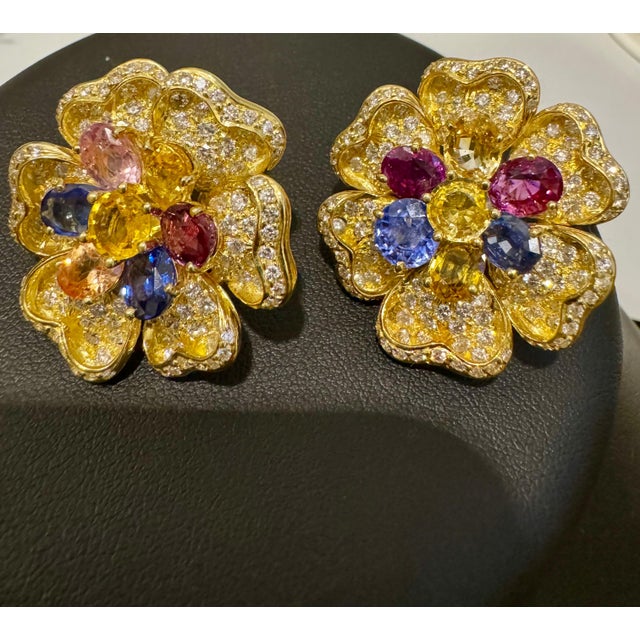18K Yellow Gold Diamond & Multicolor Sapphire Flower Earrings by Designer Adler, A Pair For Sale In New York - Image 6 of 18
