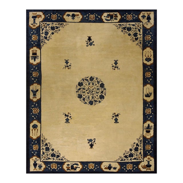1920s Antique Allover Floral Deco Chinese Peking Handknotted Wool Room Size Rug For Sale
