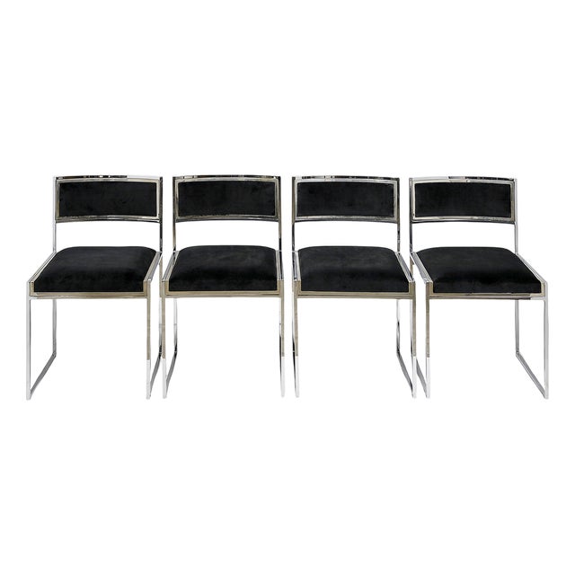 Mid-Century Modern Italian Chrome and Velvet Chairs, 1970s, Set of 4 For Sale
