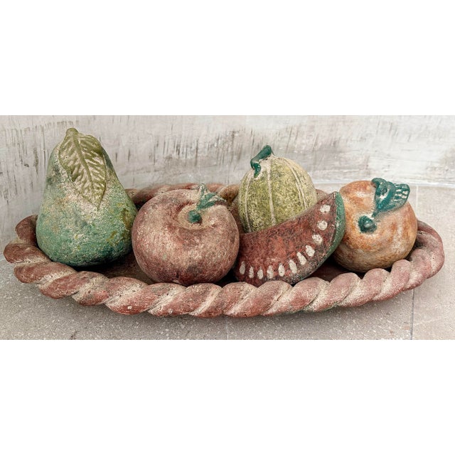 1970’s Vintage Monumental Mexican Folk Art Hand-Painted Terracotta Clay Fruit in Braided Oval Bowl, Centerpiece - Set of 6 For Sale - Image 11 of 12