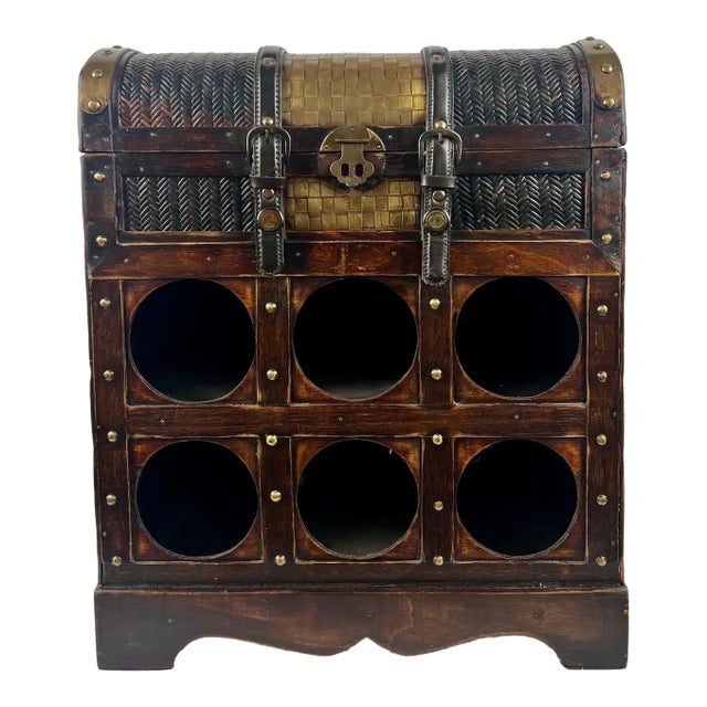Vintage Rustic Style Treasure Chest Rattan & Wood Portable Wine Rack For Sale