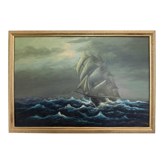 Large Vintage Nautical Oil Painting Signed Dramatic Sailing Ship Seascape For Sale