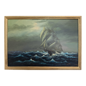 Large Vintage Nautical Oil Painting Signed Dramatic Sailing Ship Seascape
