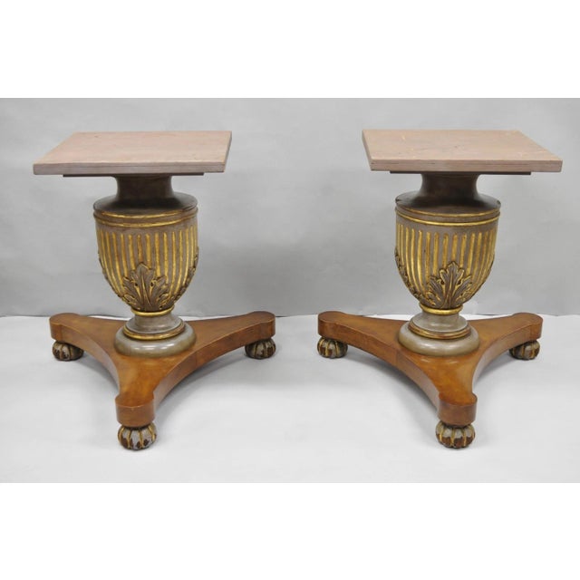 Vintage Italian Neoclassical Style Urn Pedestal Round Marble Side Tables - Pair For Sale - Image 11 of 18