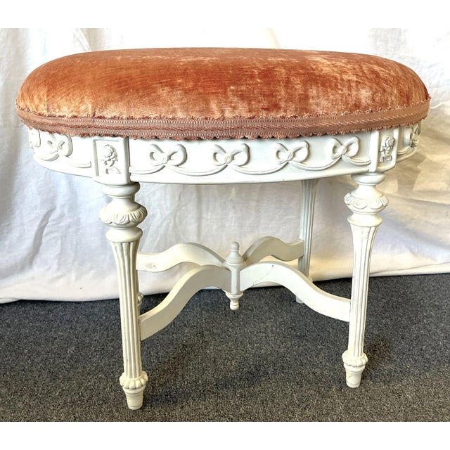 Wood Vintage French Oval Vanity Stool With New Velvet Upholstery For Sale - Image 7 of 12