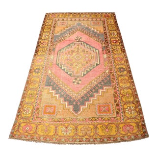 1960s Yellow and Pink Oushak Distressed Area Wool Carpet For Sale
