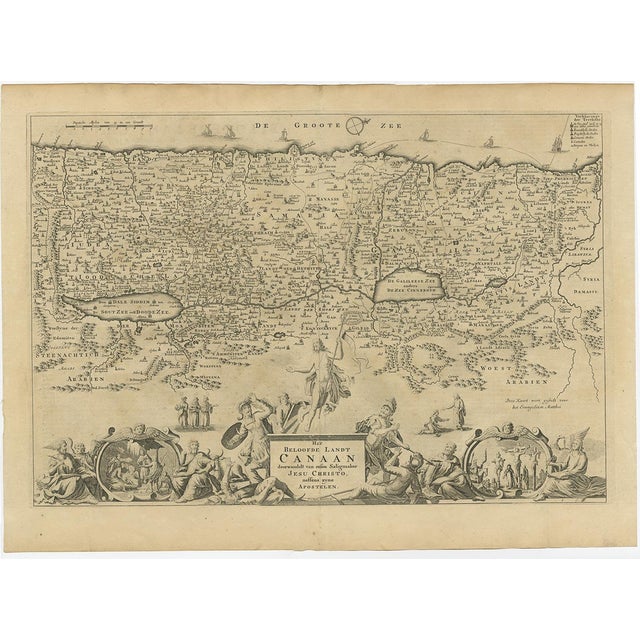 Anctique Map of Israel with Biblical Scenes by Jagen, 1748 For Sale