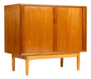 1960s Danish Modern Mid Century Compact Teak Credenza Console — Tambour Doors — Hans C. Andersen