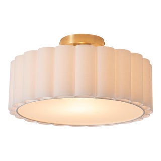 Scalloped, Flush Mount Lamp, Weathered Brass, White Linen, Diffuser For Sale