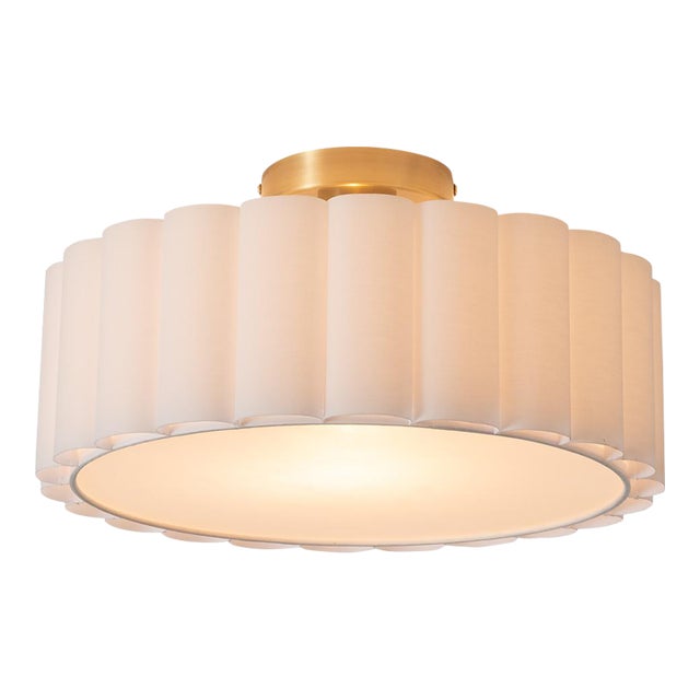 Scalloped, Flush Mount Lamp, Weathered Brass, White Linen, Diffuser For Sale