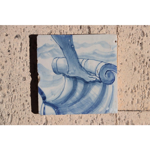 Ceramic Antique 18th Century Blue and White Portuguese Tile Depicting a Foot on a Rocaille Ribbon For Sale - Image 7 of 9