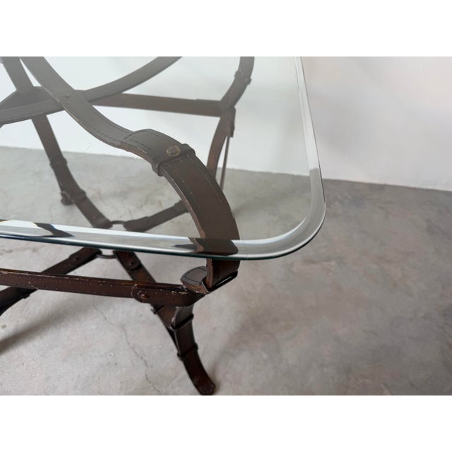 Metal Jacques Adnet / Hermès Style Trompe L’Oeil Faux Leather Strap Side Table With Glass Top For Sale - Image 7 of 12