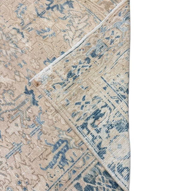Traditional Antique Heriz Rug Faded Ivory With Blue Stylized Motifs For Sale - Image 3 of 4