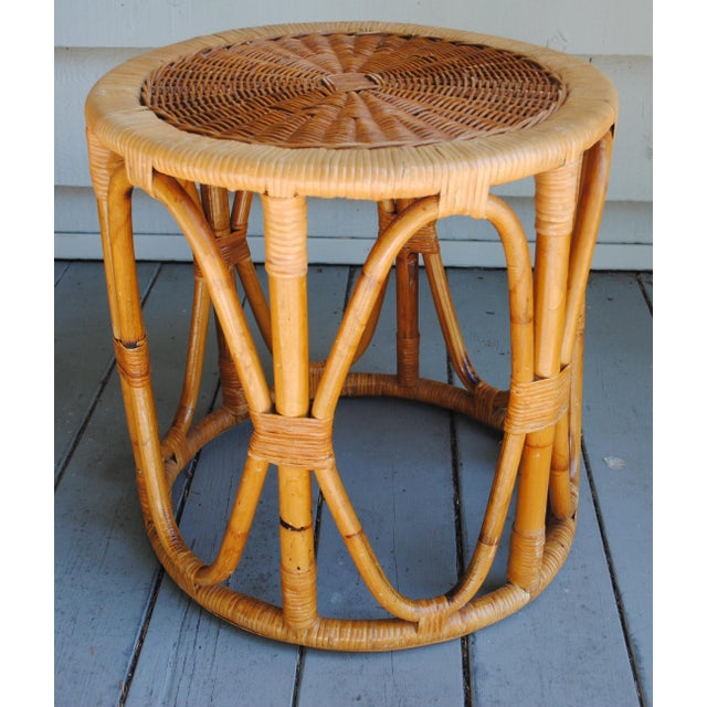 Mid Century Round Drum Bamboo Wicker Top Accent Table For Sale - Image 9 of 9