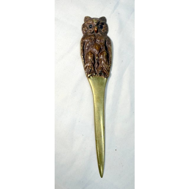 Figurative Quality Antique Cold Painted Heavy Brass Figural Owl Desk Article Letter Opener For Sale - Image 3 of 8