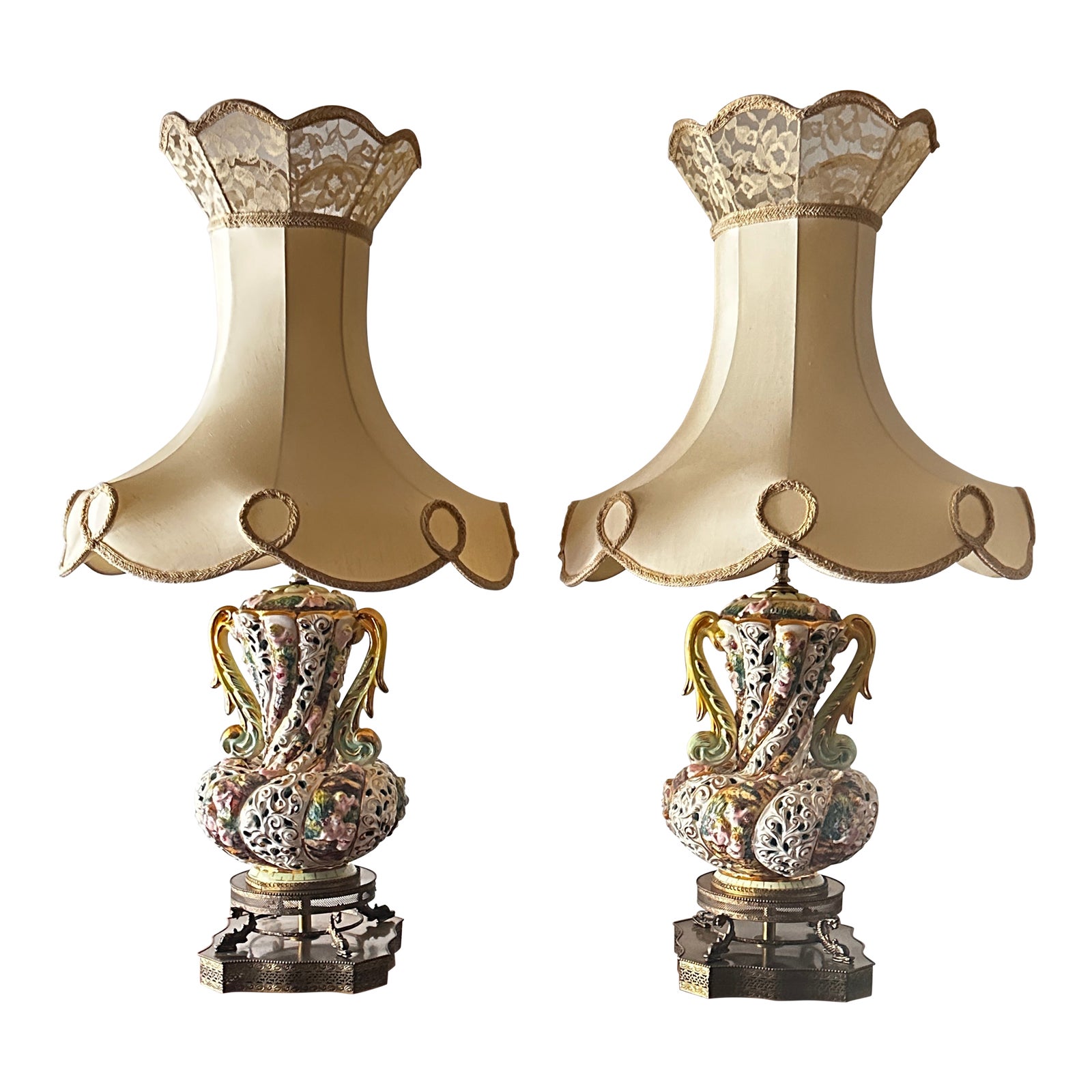 Capodimonte Lamp Pair With Giant 50s Shades | Chairish