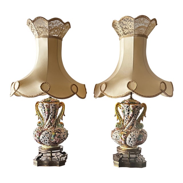 Capodimonte Lamp Pair With Giant 50s Shades For Sale