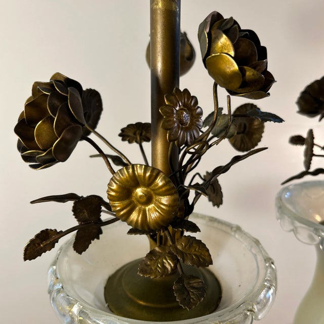 Beautiful pair of handblown Murano glass lamps filled with 24k gold leaf flecking (aventurine). Attributed to Barovier e...