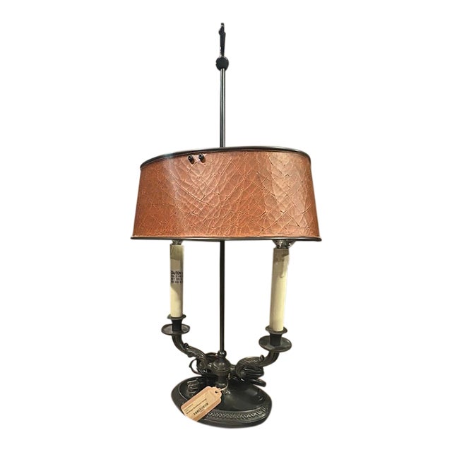 Vintage Bronze Double-Arm Bouillotte Lamp With Textured Cognac Tole Shade For Sale