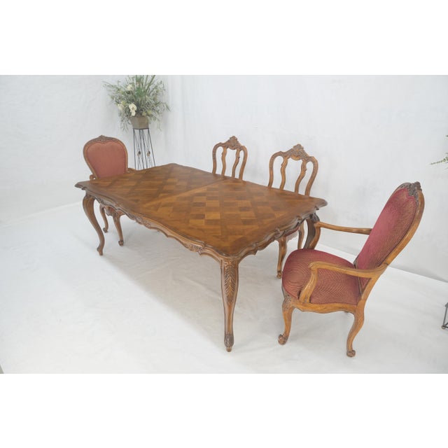 Country French Parquetry Top Table 6 Dining Chairs 2X22" Extension Board Leafs For Sale - Image 15 of 17