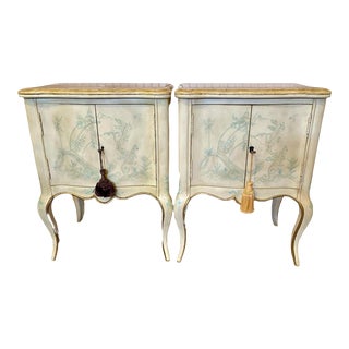 1980s Pair of French Provincial Style Painted and Chinoiserie Decorated Cabinets With Faux Marble Tops and Gilt Trim For Sale