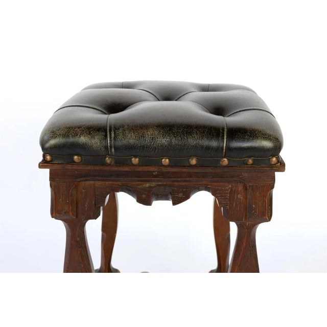 Late 19th Century English Arts & Crafts Tufted Dark Leather Square Stool For Sale - Image 10 of 11