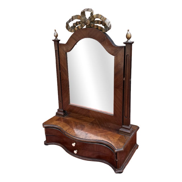 Biedermeier Swiveling Table Mirror with Carved Top For Sale