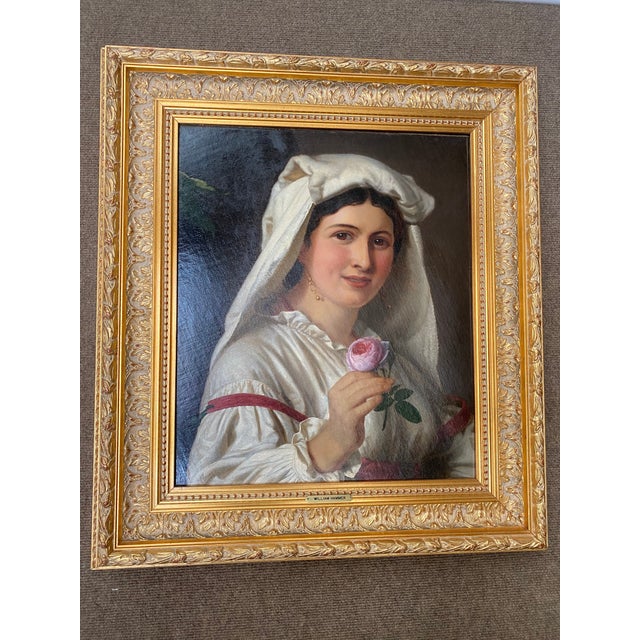 1900 - 1909 Early 20th Century English Protrait Oil Painting of a Young Lady with a Rose, Framed For Sale - Image 5 of 5
