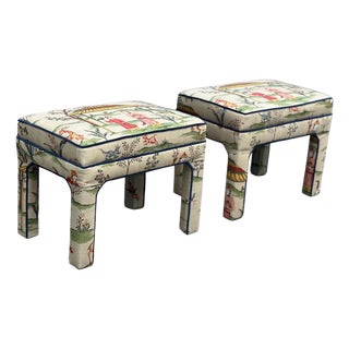 1980s Pair Upholstered Benches in Thibaut “Ting Yuan” For Sale