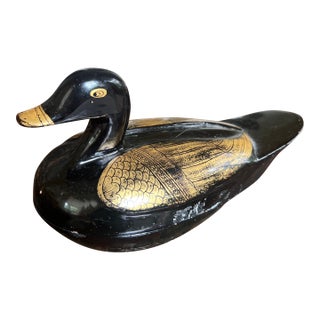 Vintage Indonesian Black Lacquered Duck Box With Gilded Accents For Sale