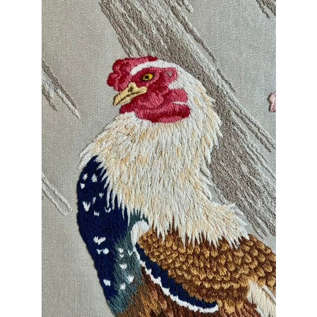 Wood Vintage Bunka Embroidery Rooster Art-Framed-Japanese Punch Needlework-Textile For Sale - Image 7 of 12