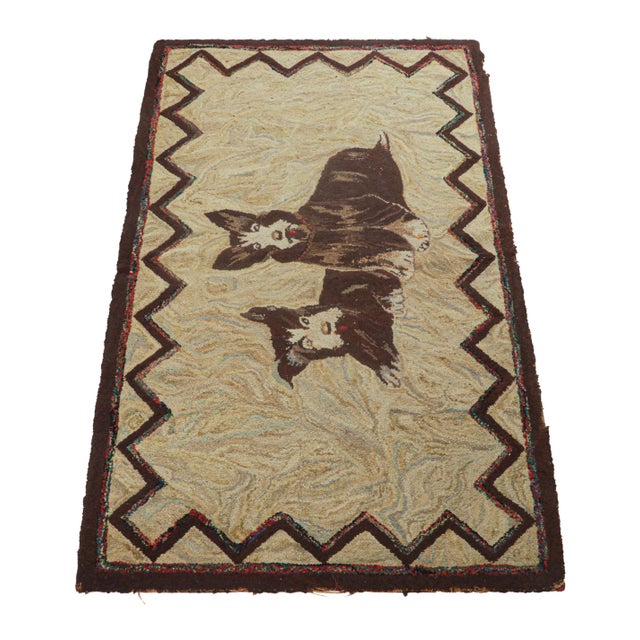 1920s Antique Hooked Rug in Beige-Brown With Dog Pictorials - Rug & Kilim For Sale - Image 5 of 8