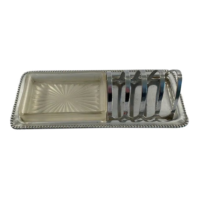1940s English De Montfort Silverplated Toast Rack With Frosted Glass Butter Dish For Sale