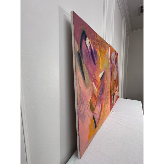Textile Vintage Contemporary Abstract Expressionism Diptych Original Oil Paintings, a Pair, Magenta, Orange & Plum For Sale - Image 7 of 18