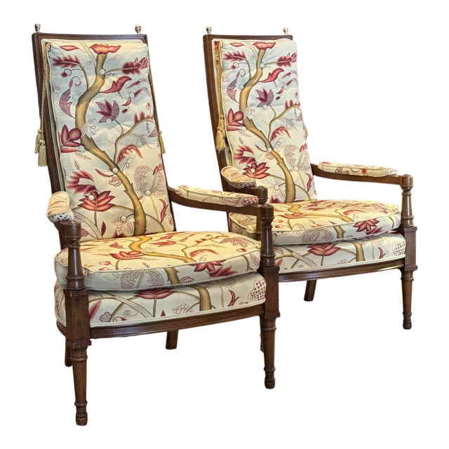 Pair of Mid Century Regency Style Wood Frame Armchairs With Waverly Style Upholstery Fabric and Brass Finial and Tassel Accents For Sale