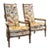 Pair of Mid Century Regency Style Wood Frame Armchairs With Waverly Style Upholstery Fabric and Brass Finial and Tassel Accents For Sale