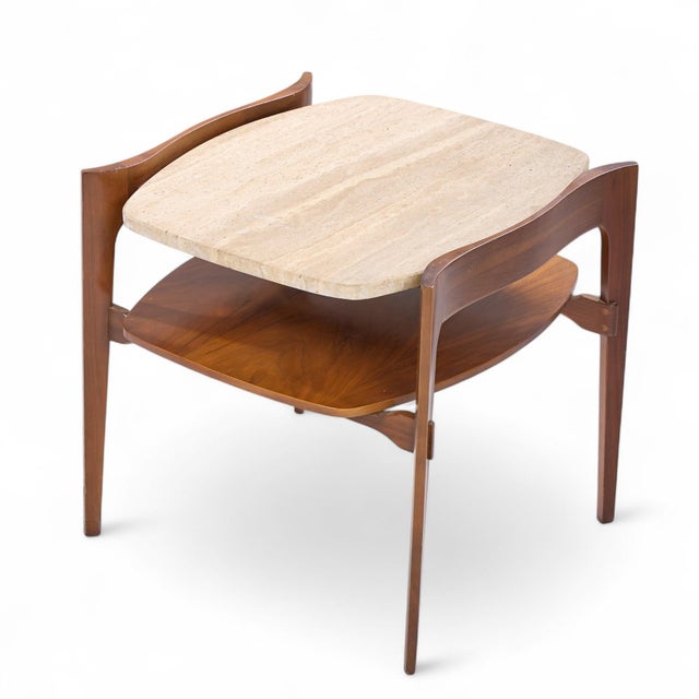 Bertha Schaefer for Singer & Sons Mid Century Sculpted Travertine and Walnut End Tables - Pair For Sale - Image 12 of 13