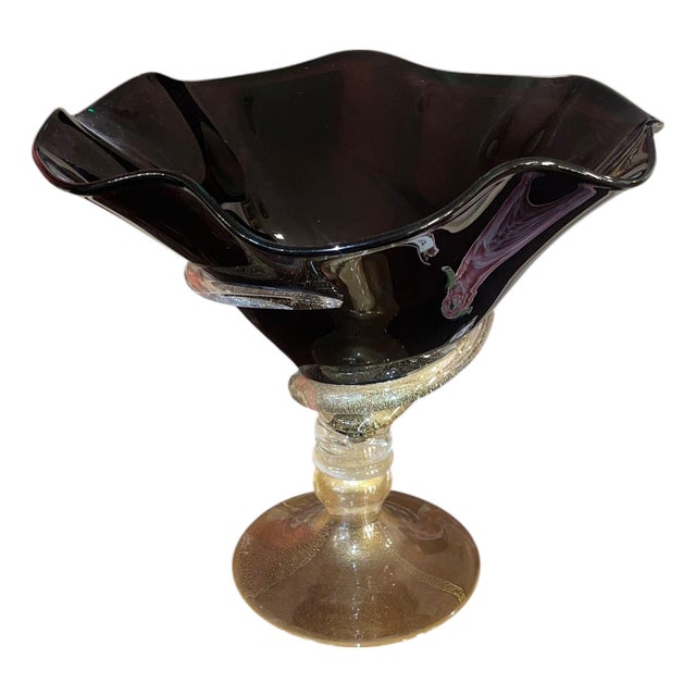 Dark Amethyst Murano Glass & Gold Fleck Glass Compote. Signed by Camozzo. For Sale