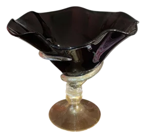 Dark Amethyst Murano Glass & Gold Fleck Glass Compote. Signed by Camozzo.