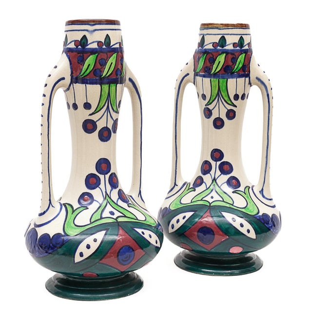 Pair of ceramic vases. Art Nouveau. Stamped "Céramique de Bruxelles" (Brussels Ceramics). Very good condition. No chips or...