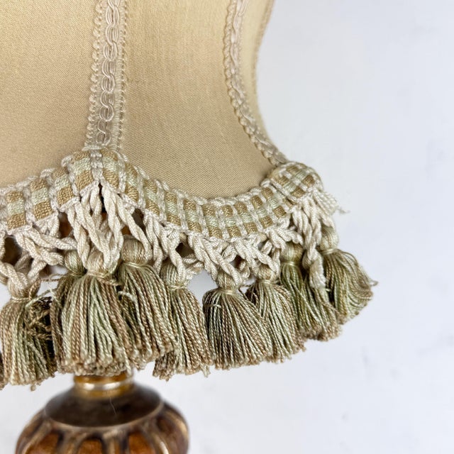 Vintage Italian Silk Lampshade Carved Wood Table Lamp, 1980s For Sale - Image 10 of 16