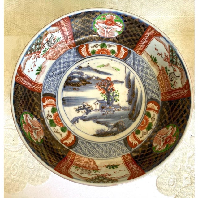 Mid 20th Century Antique Japanese Imari Porcelain Footed Rice Serving Bowl - Hand Painted With Blue Fuku Mark - Set of 2 For Sale - Image 9 of 13