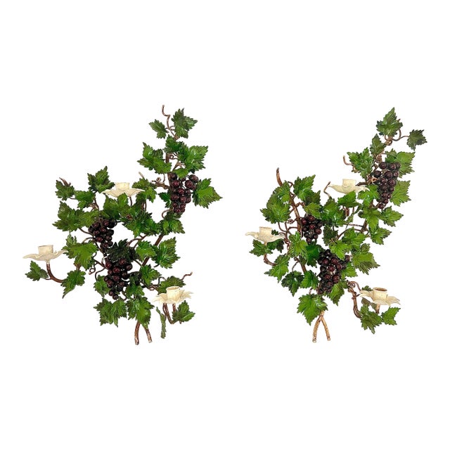 Old Italian Grape & Vine Hand Painted Tole Metal Wall Scones, 3 Candle Holders, a Pair 22" For Sale